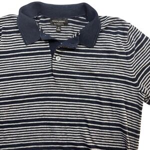 Banana Republic Mens Organic Cotton Knit Polo Shirt Navy Blue Grey Striped M